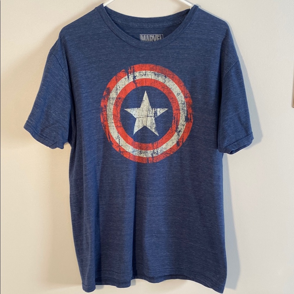 Marvel Men’s T-Shirt Large Blue Captain America Distressed Logo Short Sleeve